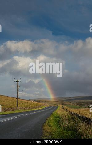 Regenbogen über den North Pennines. Felder, die durch transientes Licht beleuchtet werden. Stockfoto