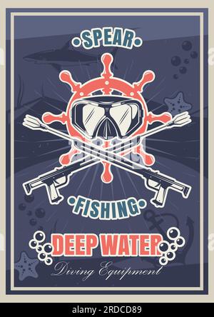 Tauchen und Speerfischen, klassische Typografie-Postervorlage, Vektordarstellung Stock Vektor