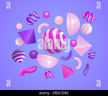 3D Elemente, Pyramiden, Kugeln und Spiralen in Lila und Pink. Geeignet für Hintergründe, Websites und Designelemente Stock Vektor