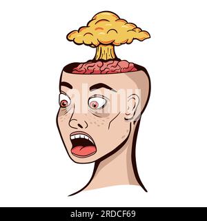 Vektorbilder mit menschlichem Kopf, offenem Hirngehäuse und einer Wolke einer riesigen Atomexplosion. Überwältigendes Konzept. Stock Vektor