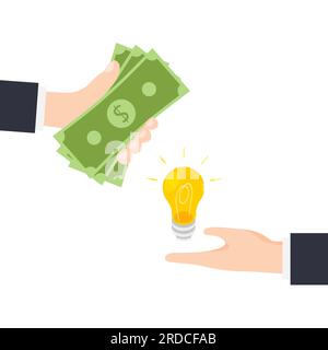 Hände halten Geld und Glühbirne. Konzept der Kaufidee. Vektordarstellung im trendigen, flachen Stil isoliert. Stock Vektor