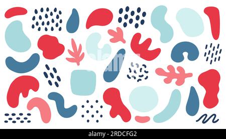 Große Auswahl an farbenfrohen handbemalten verschiedenen Formen, Locken, Formen, Pinselstrichen und Kritzelobjekten. Stock Vektor
