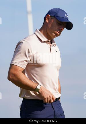 Nordirlands Rory McIlroy am 9. Abschlagtag am ersten Tag der Open im Royal Liverpool, Wirral. Foto: Donnerstag, 20. Juli 2023. Stockfoto