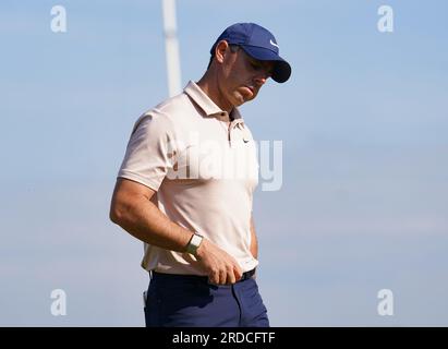 Nordirlands Rory McIlroy am 9. Abschlagtag am ersten Tag der Open im Royal Liverpool, Wirral. Foto: Donnerstag, 20. Juli 2023. Stockfoto