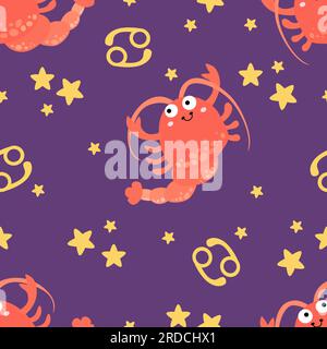 Süße Zeichen eines Zodiakalmusters mit Krebs. Handgezeichnete, trendige Vektordarstellung für Kinder im flachen Stil. Stock Vektor
