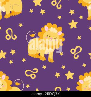 Süße Zeichen eines Zodiakalmusters mit Leo. Handgezeichnete, trendige Vektordarstellung für Kinder im flachen Stil Stock Vektor