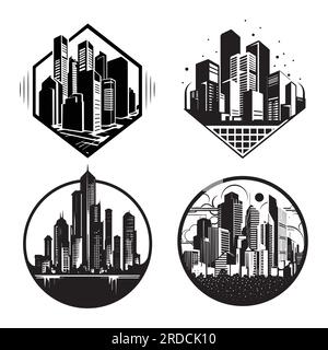 Megacity mit hohen Gebäuden und Wolkenkratzern. Vector-Logo-Set. Stock Vektor