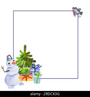 Aquarell quadratischer Rahmen mit weihnachtsbaum, Schneemännern, Wintervogel und Geschenken, Winterurlaub Illustration, Spase für Text, Hand dr. Stockfoto