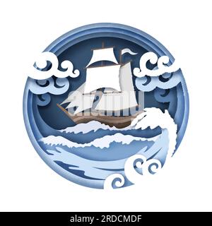 Segelboot und tobendes Meer, Vektordarstellung im Papierkunststil Stock Vektor