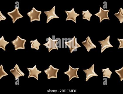 Nahtloses Muster mit goldenen 3D Sternen auf schwarzem Hintergrund. Geeignet für Stoffdruck, Textil, Tapete, Geschenkpapier. Wiederholbare Textur. Modern Stockfoto