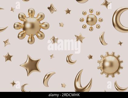 Nahtloses Muster mit goldenen 3D Sternen, Monden, Sonnen auf beigefarbenem Hintergrund. Geeignet für Stoffdruck, Textil, Tapete. Wiederholbare Textur. Modern Stockfoto