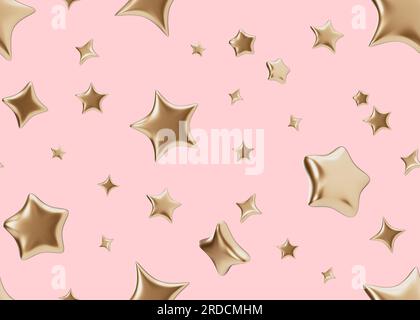 Nahtloses Muster mit goldenen 3D-Sternen auf pinkfarbenem Hintergrund. Geeignet für Stoffdruck, Textil, Tapete, Geschenkpapier. Wiederholbare Textur. Modern Stockfoto