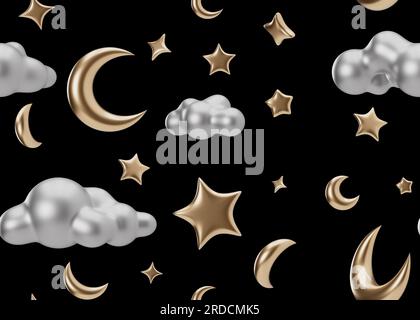 Nahtloses Muster mit goldenen 3D Sternen, Monden, Wolken auf schwarzem Hintergrund. Geeignet für Stoffdruck, Textil, Tapete. Wiederholbare Textur. Modern Stockfoto