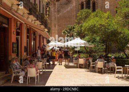 Die Gäste genießen die Terrasse der Kathedrale von Málaga oder die Santa Iglesia Catedral Basílica de la Encarnación im Zentrum von Málaga, Spanien. Stockfoto