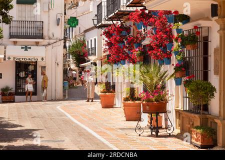 Touristen laufen durch eine gemütliche, enge Straße mit roten Blumen in Pflanzgefäßen auf dem Plaza de los Naranjos Platz in der Altstadt von Marbella, Spanien. Stockfoto