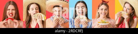 Collage von Mexikanern mit traditionellem Essen auf farbigem Hintergrund Stockfoto