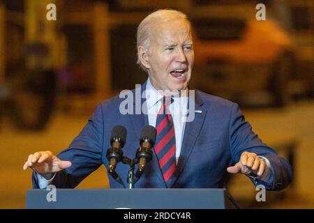 Philadelphia, Usa. 20. Juli 2023. Präsident Joe Biden spricht am Donnerstag, den 20. Juli 2023, auf der Werft in Philadelphia über seinen Wirtschaftsplan. Foto: Laurence Kesterson/UPI Credit: UPI/Alamy Live News Stockfoto