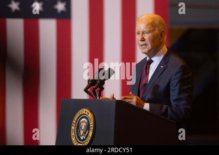 Philadelphia, Usa. 20. Juli 2023. Präsident Joe Biden spricht am Donnerstag, den 20. Juli 2023, auf der Werft in Philadelphia über seinen Wirtschaftsplan. Foto: Laurence Kesterson/UPI Credit: UPI/Alamy Live News Stockfoto