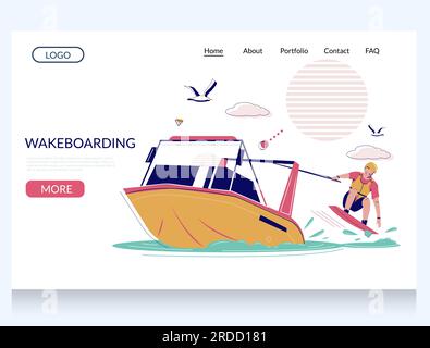 Wakeboarding-Vektor-Website-Vorlage, Website- und Landing-Page-Design für Website- und mobile Website-Entwicklung. Mann, der während der Fahrt mit dem Boot abgeschleppt wird w Stock Vektor