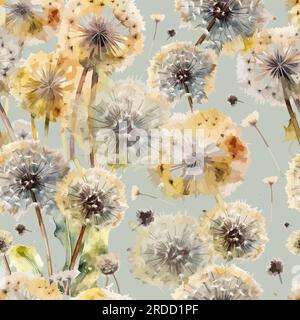 Flauschige, wasserfarbene Löwenzahne mit nahtlosem Muster. Vektordarstellung Stock Vektor