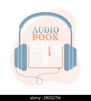Kopfhörer, die mit einem offenen Buch verbunden sind. Hörbücher anhören. Abbildung eines flachen Vektors Stock Vektor