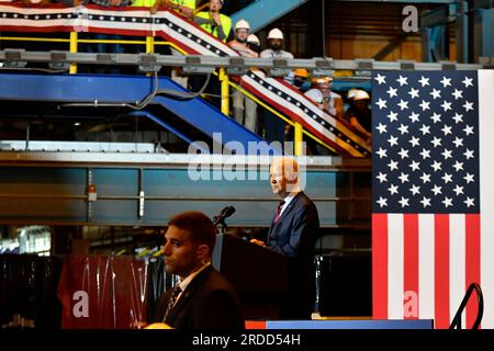 Philadelphia, Usa. 20. Juli 2023. USA Präsident Joseph Biden besucht Philly Shipyard am 20. Juli 2023 in South Philadelphia, Pennsylvania, USA, um seine Wirtschaftspläne für Arbeit und grüne Energie zu besprechen. (Foto: Bastiaan Slabbers/Sipa USA) Guthaben: SIPA USA/Alamy Live News Stockfoto