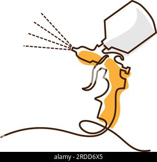 Lackierpistole mit Spray. Durchgehende einzeilige Zeichnung mit Farbflecken. Vektordarstellung Stock Vektor