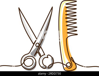 Professionelle Kammaufsätze und Scheren für Haare. Durchgehende Zeichnung mit einer Linie. Friseursalon und Friseurtools Vektordarstellung mit Farbfleck. Stock Vektor