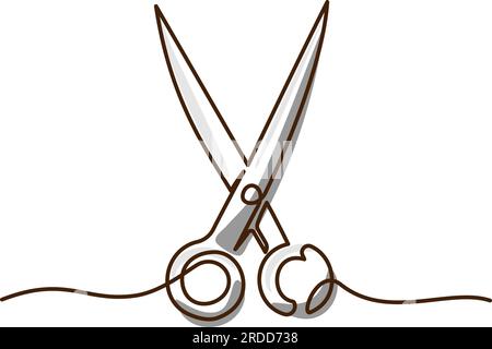 Professionelle Friseurschere. Durchgehende Zeichnung mit einer Linie. Friseursalon und Friseurwerkzeuge. Vektordarstellung mit Farbflecken. Stock Vektor