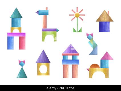 Ein Satz wässriger Holzsteine, isoliert auf weißem Hintergrund. tangram geometrische Puzzles. Türme, Blumen, Katzen, Pferde. Umweltfreundliches Material. Stockfoto