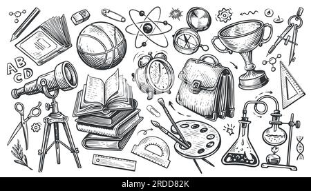 Ein Satz Schulsachen. Vektorgrafik im handgezeichneten Doodle-Stil. Zurück zur Schule, Konzept Stock Vektor