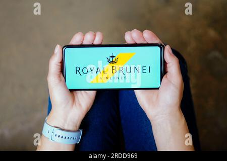 Brasilien. 20. Juli 2023. In dieser Fotoabbildung wird das Logo der Royal Brunei Airlines auf einem Smartphone angezeigt. (Kreditbild: © Rafael Henrique/SOPA Images via ZUMA Press Wire) NUR REDAKTIONELLE VERWENDUNG! Nicht für den kommerziellen GEBRAUCH! Stockfoto