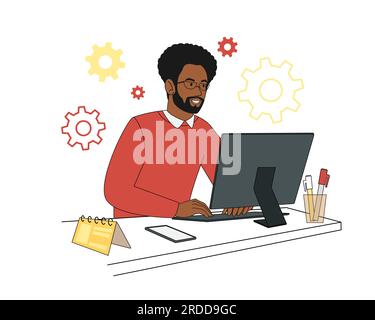 Ein Schwarzer, der an einem Tisch arbeitet, mit einem Computer in Haushaltskleidung, mit einem Kaktus und einer Katze. Vektordarstellung im flachen Cartoon-Stil Stock Vektor