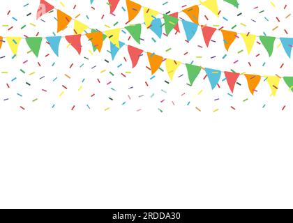 Bunte Partyflaggen mit Konfetti. Feiere Flaggen. Partyhintergrund mit Flaggen und Konfetti Stock Vektor