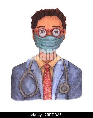 Arzt Cartoon Charakter männlicher Sanitäter mit braunen Augen trägt Brille, Uniform und chirurgische Maske mit Stethoskop. Aquarelldarstellung. Die Hand Stockfoto