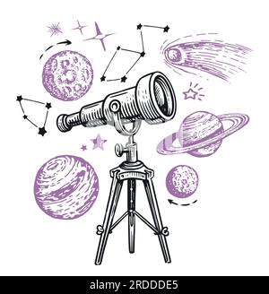 Teleskop beobachtet die Sterne und Planeten. Astronomie, Weltraumforschungskonzept. Darstellung des Skizzenvektors Stock Vektor