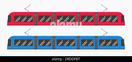 Blaue und rote moderne Straßenbahn, flache Vektoransicht Stock Vektor