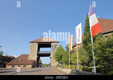 Deutscher Weintor mit deutscher und französischer Flagge, Schweigen-Rechtenbach, Deutsche Weinstraße, Rheinland-Pfalz, Deutschland Stockfoto