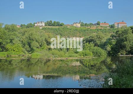 Bergblick zu drei Dornburger Schlössern mit Saale, Renaissance-Schloss, Rokoko-Schloss, Altstadt, Dornburg, Dorndorf, Dornburg-Camburg, Thuring Stockfoto