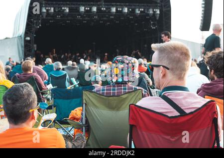 Das Blue Dot Festival 2023 findet am Wochenende vom 20. Bis zum 23. Juli im berühmten Jodrell Bank Observatory in Cheshire im Vereinigten Königreich statt. Stockfoto