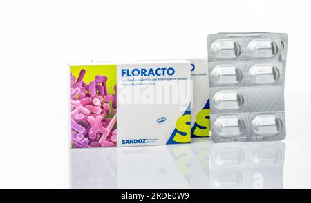 CHONBURI, THAILAND-29. APRIL 2023: Floracto Lactobacillus acidophilus und Bifidobacterium animalis Nahrungsergänzungsprodukt. Probiotische Kapsel Stockfoto