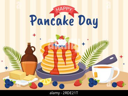 Pancake Day Vector Illustration ein Teller mit Pfannkuchen garniert mit Sirup, Kirschen und Blaubeeren in hausgemachten Backwaren Flat Cartoon handgezogenen Vorlagen Stock Vektor