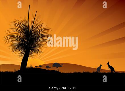 Schwarzer Knabe Baum Emus und Kängurus im Sonnenuntergang mit Rochen. Hügel und Gras in einer Silhouette Stock Vektor