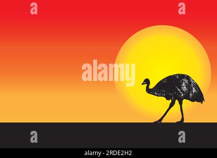 Eine große australische emu-Silhouette mit Mond und orangefarbenem Hintergrund Stock Vektor
