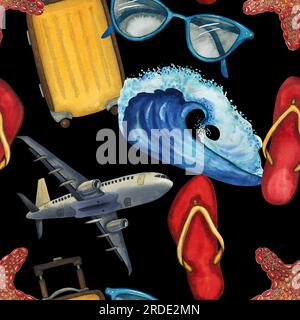 Reise Aquarell nahtlose Muster mit Flugzeug, Koffer, Flip-Flops, Sonnenbrille, Welle, Seesternhandzeichnung isoliert auf Schwarz. Für Druck, Verpackung Stockfoto