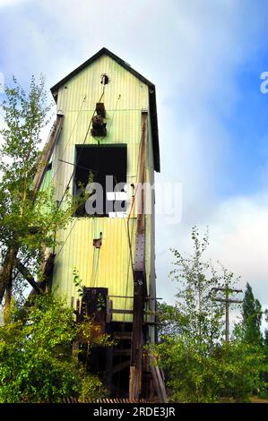 Das überwucherte Schachthaus bleibt ein Relikt der Kupferbergbauindustrie auf der oberen Halbinsel. Dieses Schachthaus ist in der Nähe von Calumet, Michigan. Stockfoto