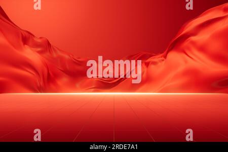Fließender roter Textilhintergrund, 3D-Rendering. Digitale Zeichnung. Stockfoto