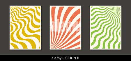 Retro-Wellenlinien und Sonnenaufgang im Hintergrund. „Trippy Wavy Stripes“ und „Distorted Curly Textures“ Kollektion. Psychedelische orange, grün und gelb groovy verzerrte Tapeten. Vektorbanner oder Poster Stock Vektor