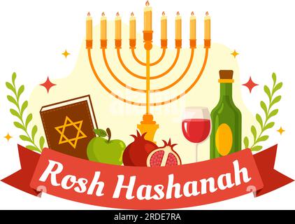 Happy Rosh Hashanah Vector Illustration of Jewish Silvester Holiday with Apple, Pomegranate, Honey and Bee in Flat Cartoon handgezeichnete Vorlagen Stock Vektor