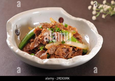 Traditionelles gebratenes und gerührtes Rinderteriyaki. Garation auf gekochtem Reis. Gyudon (Donburi) : japanische Küche Stockfoto